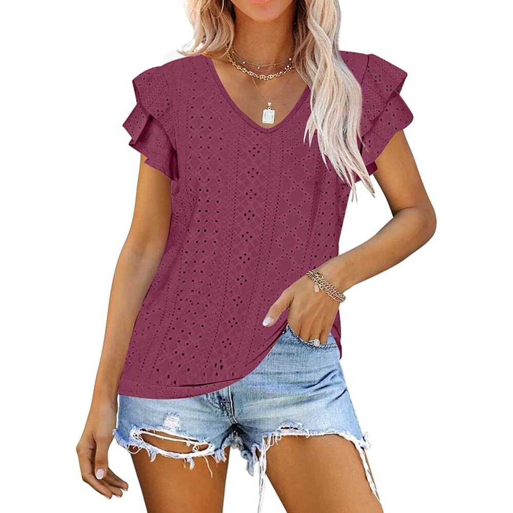 Kikula Women's V Neck T Shirt Summer Hollow Casual Ruffle Sleeve Tops Blouse Red